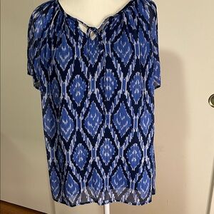 Talbots Blue Ikat Tie Neck Top
